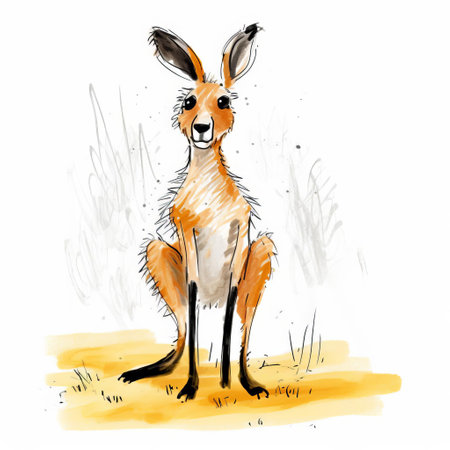 a poorly drawn cartoon sketch of a kangaroo against a white background. playful kangaroo illustration with a touch of charm and imperfection. imperfectly captured lines and vibrant colors bring this quirky kangaroo to life. embrace the whimsical nature of this hand-drawn artwork. ai generatedの素材