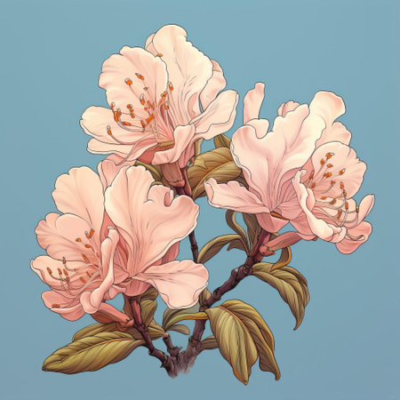 two rhododendron flowers are elegantly depicted on a soft pink background, showcasing a blend of light aquamarine and gold hues. the illustration captures the essence of classic japanese simplicity and nature-inspired compositions, reminiscent of thai art and historical illustrations. the hand-drawn details and contrasting values add depth and beauty to the artwork. ai generatedの素材