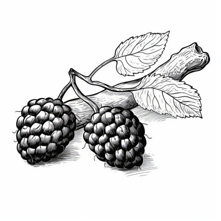 raspberry plant featuring a wide cracked trunk in a vintage style. the flat design showcases a simple black and white line drawing, adding a unique touch to the image. ai generatedの素材