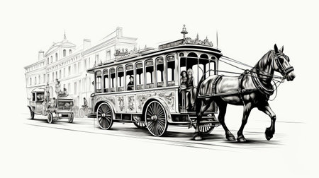 the horse-drawn tram icon in ink etching style on a white background captures the vintage charm of transportation. this detailed illustration showcases the elegance of a bygone era with intricate lines and shading. perfect for historical or transportation-themed designs, the icon adds a touch of nostalgia to any project. ai generatedの素材