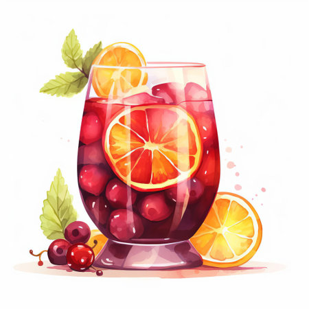 sangria illustration featuring a refreshing mix of fruits and wine on a clean white backdrop. perfect for summer gatherings, this vibrant image captures the essence of a classic spanish drink. ideal for menus, posters, or social media posts. ai generatedの素材