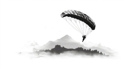 the paraglider icon features intricate ink etching details, capturing the essence of adventure and freedom. this minimalist design stands out on a clean white background, making it perfect for various digital and print applications. the icon showcases the thrill of paragliding in a simple yet captivating way. ai generatedの素材