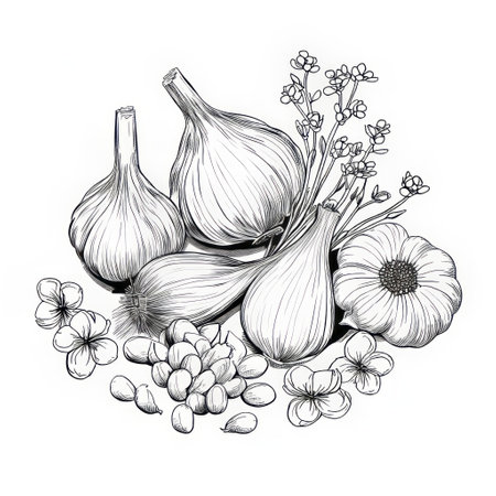 garlic root and powder depicted in a top view vector sketch. the black and white illustration showcases intricate line art detailing. ai generatedの素材