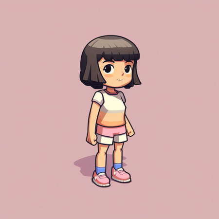 3d 8 bit pixel cartoon of tina wearing a t-shirt, with short hair, and a full body, set against a white background. ai generatedの素材