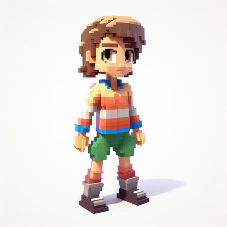 amelia, a 3d 8-bit pixel cartoon character, is depicted with a sweater, short hair, and a full body. the design stands out against a white background, creating a vibrant and retro aesthetic. this artistic rendering captures a nostalgic charm while embodying a modern twist in digital art. ai generatedの素材