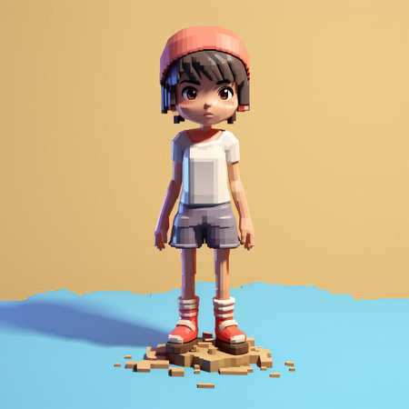 maggie, a 3d 8-bit pixel cartoon character, is depicted wearing pants and sporting short hair. the full-body illustration features maggie against a white background, showcasing her vibrant and playful personality. this fun and charming image is perfect for digital art enthusiasts and retro gaming fans alike. ai generatedの素材