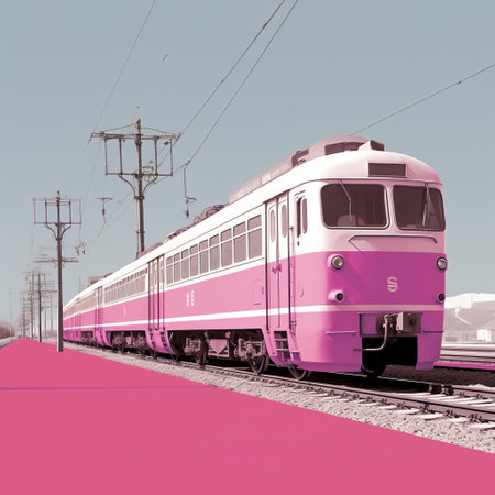 train with fuchsia background, annibale carracci style, clean designs, cinquecento, alessandro gottardo, colorized, light white, light orange, ad posters, transportation, vintage, retro, travel, locomotive, railway, art, advertisement, marketing, promotion, commercial, historic, classical, artistic, vibrant, colorful, aesthetic, unique, striking, eye-catching, elegant, stylish. ai generatedの素材