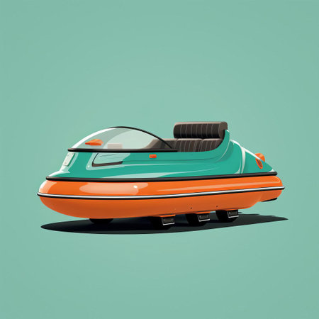 hovercraft with a turquoise background, inspired by annibale carracci, features clean and simple designs reminiscent of the cinquecento era. created by alessandro gottardo, this colorized artwork showcases light white and light orange hues, making it perfect for ad posters. ai generatedの素材