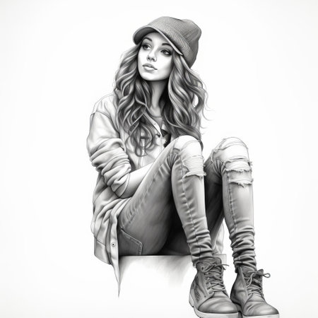 female pencil sketch with a photo realistic portrayal, showcasing a full body on a white background. the black and white tones enhance the artistic and timeless appeal of this detailed pencil drawing. ai generatedの素材