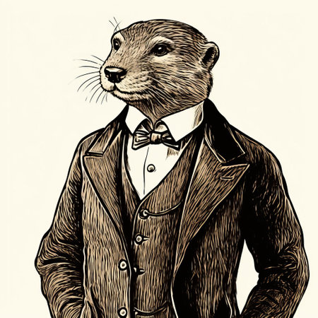 an antique woodcut engraving showcasing a full-bodied otter wearing a suit against a white background. this unique artwork captures the charm and elegance of the otter in a stylish and sophisticated manner. a must-have for art enthusiasts and nature lovers alike. keywords: antique woodcut, engraving, otter, suit, white background. ai generatedの素材