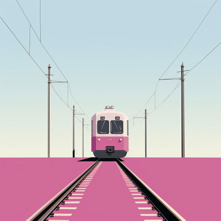 train with a fuchsia background, featuring clean and simple designs reminiscent of annibale carracci's style. this cinquecento-inspired artwork by alessandro gottardo showcases colorized elements in light white and light orange tones. perfect for ad posters seeking a vibrant and eye-catching aesthetic. ai generatedの素材