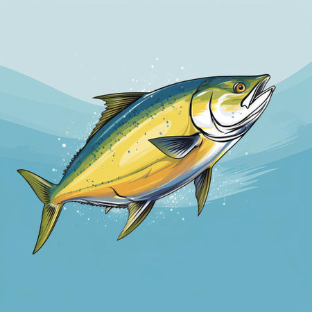 a minimalist style graphic drawing of a yellowtail fish showcasing its fantastic full face. this artwork captures the intricate details of the yellowtail's features in a simple yet striking design. perfect for fish enthusiasts and art lovers alike. ai generatedの素材