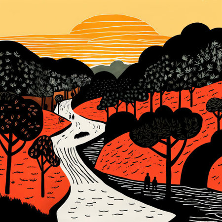 this landscape illustration by jean jullien showcases the vibrant colors and bold brushstrokes typical of the fauvism art style. the female figure adds a dynamic element to the composition, creating a visually striking and expressive piece that captures the essence of this artistic movement. ai generatedの素材
