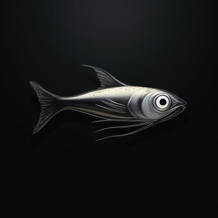 a minimalist style graphic drawing of a smelt with a fantastic full face is showcased in this image. the intricate details and clean lines capture the essence of the fish, making it a visually striking piece of art. the simplicity of the design enhances the beauty of the smelt's features, creating a captivating visual experience. ai generatedの素材