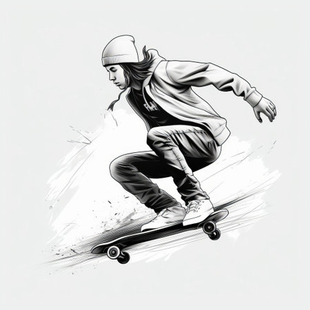 a minimalist style graphic drawing of a skate with a fantastic full face, showcasing intricate details and bold lines. this unique artwork captures the essence of both skateboarding culture and artistic expression, making it a visually striking piece that stands out. ai generatedの素材