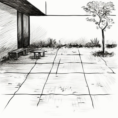 the patio sketch features a primitive and minimalist design with rough, wide shapes outlined in thick black marker. the simplistic and badly drawn style adds a unique charm to the overall composition. ai generatedの素材