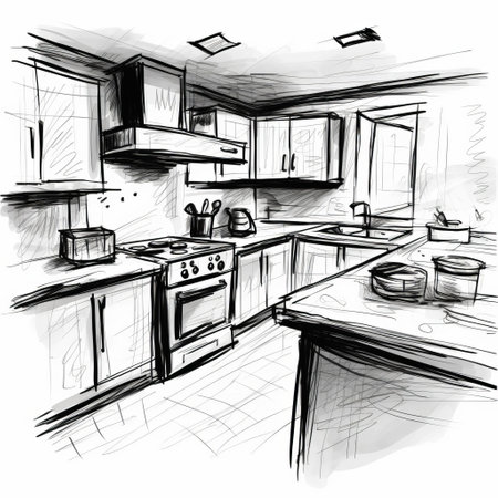 the kitchen sketch features a primitive and minimalist design with rough, wide shapes outlined in thick black marker. the simplistic style creates a unique and artistic look, perfect for those who appreciate a raw and unrefined aesthetic. ai generatedの素材