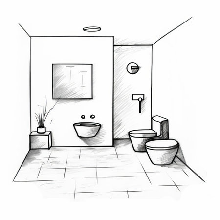 rough simple hand drawn sketch of a powder room with primitive minimalist design, showcasing broad wide shapes and thick lines. the outline is done in black marker or sharpie, giving it a simplistic and minimalist aesthetic. this hand-drawn illustration exudes a raw and authentic vibe, perfect for rustic or minimalistic interior design concepts. ai generatedの素材