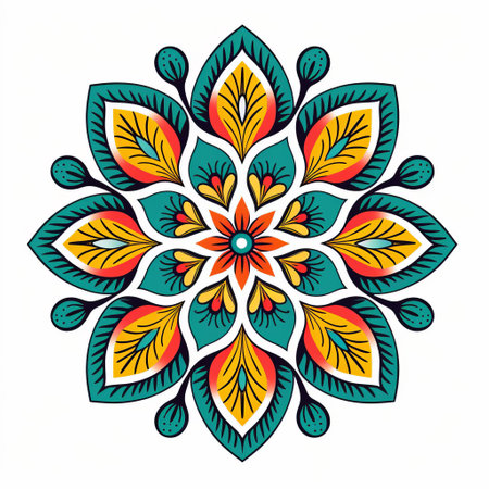 mandalas icon featuring a mesmerizing pattern on a minimalistic white background. this intricate design showcases a blend of colors and detailed line engravings, creating a visually stunning and harmonious composition. ai generatedの素材