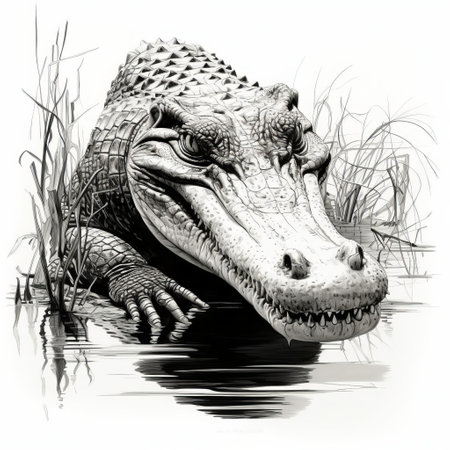 caiman drawing in black ink with bold defined lines on a white background. detailed illustration of a caiman with no background, ensuring the image is complete and uninterrupted. bold strokes capture the essence of the caiman in this striking artwork. ai generatedの素材