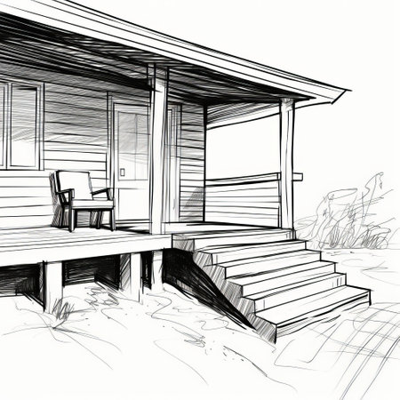 a rough, simple hand-drawn sketch of a porch with primitive, simplistic, minimalist features. the drawing consists of simple, rough, broad, wide shapes and thick lines, created using a black marker or sharpie. the sketch exudes a raw and unrefined quality, capturing the essence of a basic, unembellished design. ai generatedの素材