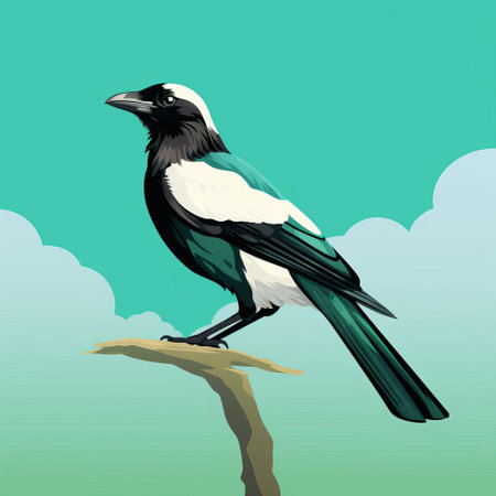 a magpie perched on a branch, with a cloud in the background. the magpie is seen from the side, turning its head. the image has a minimalist style, with a green and white color palette. the bird is depicted with thick lines, resembling a sketch. this high-quality photo is available in 8k resolution. ai generatedの素材