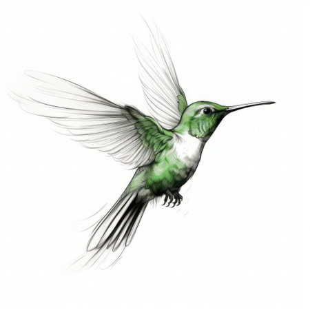 hummingbird in front of a cloud, gracefully turning its head in a side view. the minimalist sketch captures the vibrant green and white colors of the bird, outlined with a thick line. this high-quality 8k image showcases the intricate details of the hummingbird in all its beauty. ai generatedの素材