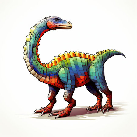 a 3d 8-bit pixel cartoon of a therizinosaurus, featuring vibrant colors and a white background. this adorable depiction of the prehistoric creature captures its unique characteristics in a playful and nostalgic style. perfect for fans of dinosaurs and retro gaming. ai generatedの素材