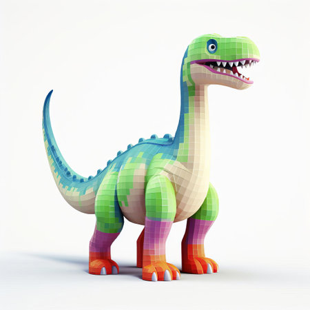 a 3d 8-bit pixel cartoon of a diplodocus dinosaur, set against a clean white background. ai generatedの素材
