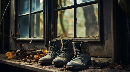 "goblincore-style shoes, crafted from natural fibers, are showcased in an abandoned house window. this 8k resolution image features a shallow depth of field, casting a dark gray and bronze hue. experience an authentic forestpunk atmosphere with these detailed depictions.", ai generatedの素材
