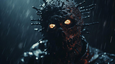 a monstrous figure takes center stage in this gritty, hyper-detailed 4k photograph, reminiscent of a 1980s grindhouse movie still. the dark scene is illuminated by a blacklight, casting an eerie glow on the intricate yet simple fashion accessories adorning the creature. shot with a canon eos r3 and a 50mm f/1.8 lens, the image boasts a 1/4s shutter speed, iso 3200, and a punch drunkの素材