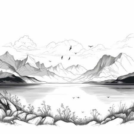 a fjord landscape captured in a minimalist line art style, featuring a black and white color scheme. the artwork showcases the outline of the fjord, emphasizing its natural beauty and simplicity. ai generatedの素材