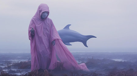 "dolphin in violet costume: an avant-garde portrait of a dolphin in otherworldly violet costume, standing in a misty field, evoking a dreamy, soft conceptual installation art scene.", ai generatedの素材