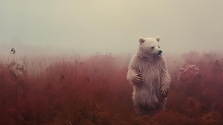 a maroon-clad bear poses in a fog-filled field, blending avant-garde portraiture with conceptual installation art. chaotic environments and otherworldly paintings create a dreamy, soft scene, enveloped by a mystical, misty atmosphere. ai generatedの素材