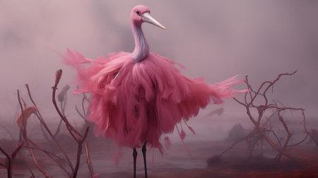 a fuchsia-clad seagull strikes a pose in a mysterious fog-filled field, blending avant-garde portraiture with conceptual installation art. this otherworldly scene evokes chaotic environments and dreamy softness, enveloped in a misty, surreal atmosphere. ai generatedの素材