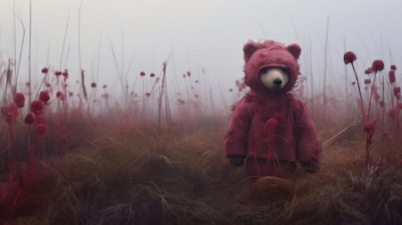 a maroon-clad bear poses in a fog-filled field, blending avant-garde portraiture with conceptual installation art. the chaotic environment and otherworldly painting style create a dreamy, soft scene, enveloped by a mystical atmosphere. ai generatedの素材