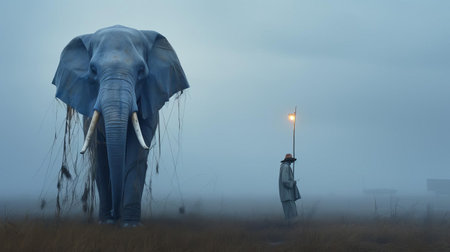 an elephant in navy costume poses in a fog-filled field, blending avant-garde portraiture with conceptual installation art. chaotic environments and otherworldly paintings create a dreamy, soft scene, enveloped by a mystical, misty atmosphere. ai generatedの素材