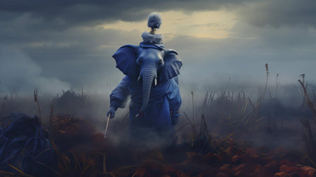 an avant-garde navy elephant stands in a foggy field, creating a surreal and dreamy conceptual art installation. the chaotic environment and misty atmosphere evoke otherworldly paintings, full of softness and serenity. ai generatedの素材