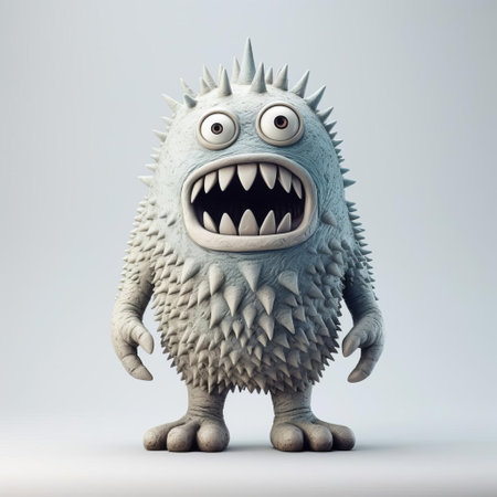 "monster figurine showcases inventive character designs, resembling styles of evgeni gordiets, clemens ascher, didier lourenco. features spiky mounds on concrete-like texture, presented in a close-up, full body view on white isolated background.", ai generatedの素材