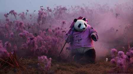 a purple-costumed panda poses in a fog-filled field, blending avant-garde portraiture with conceptual installation art. the chaotic environment and otherworldly painting create a soft, dreamy scene, with a misty atmosphere enveloping the surreal landscape. ai generatedの素材