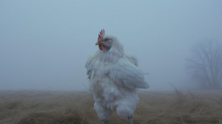 a white-costumed chicken poses in a field, enveloped by fog, in an avant-garde portrait. this conceptual installation art creates a chaotic environment, reminiscent of otherworldly paintings. the scene is soft and dreamy, with a misty atmosphere that adds to the surreal experience. ai generatedの素材