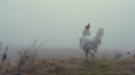 a white-costumed chicken poses in an avant-garde portrait, surrounded by a chaotic, misty environment. this conceptual installation art creates a dreamy, otherworldly scene, where soft fog envelops the scene, evoking a sense of mystery and wonder. ai generatedの素材