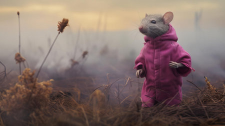 an avant-garde portrait features a magenta-costumed rat amidst a fog-filled field, exuding an otherworldly atmosphere. this conceptual installation art piece evokes chaotic environments and soft, dreamy scenes, with a misty atmosphere enveloping the surreal landscape. ai generatedの素材