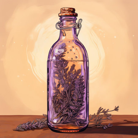 discover this classic kombucha bottle illustration, beautifully drawn in bronze, set against a soothing lavender background. perfect for health enthusiasts and design aficionados alike. ai generatedの素材