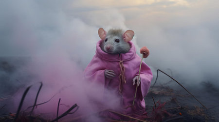 an avant-garde portrait features a magenta-costumed rat amidst a fog-filled field, embodying chaotic environments and otherworldly paintings. the dreamy scene exudes softness and a misty atmosphere, evoking conceptual installation art. perfect for those who appreciate surreal and whimsical photography. ai generatedの素材