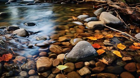 experience the beauty of a lowland stream in fall, with crystal clear water revealing small river stones. this 32k hdr image, award-winning photography, captures the essence of nature's tranquility. ai generatedの素材