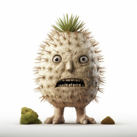 "monster figurine showcases inventive character designs, reminiscent of evgeni gordiets, clemens ascher, and didier lourenco. notable for its spiky mounds and concrete texture, this full-bodied figure stands out against a clean, white isolated background.", ai generatedの素材