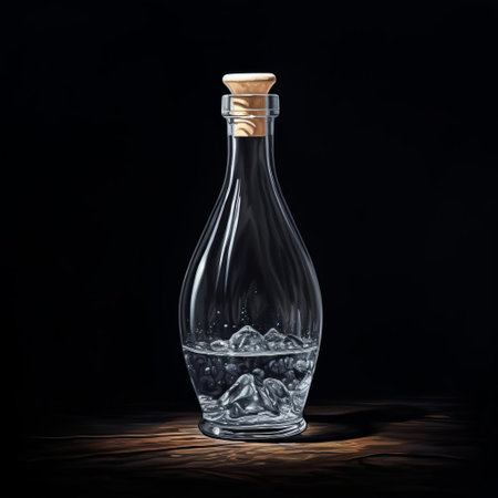a classic bottle of water takes center stage in this drawing, set against a stone backdrop and dark background. the stone's texture and the water's reflection add depth to the piece, making it a striking and unique work of art. ai generatedの素材