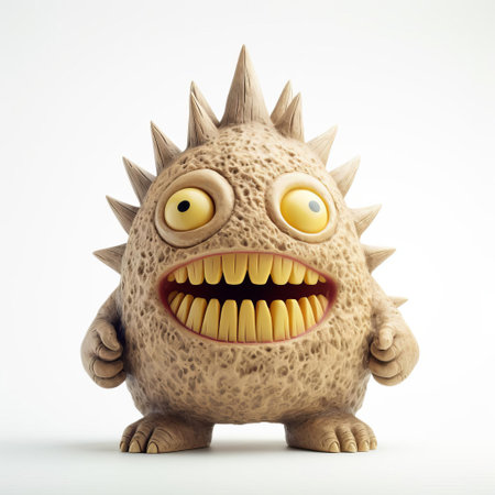 "monster figurine showcases inventive character designs, resembling styles of evgeni gordiets, clemens ascher, didier lourenco. notable features include spiky mounds and concrete textures. full-body figure stands out against a white, isolated background.", ai generatedの素材