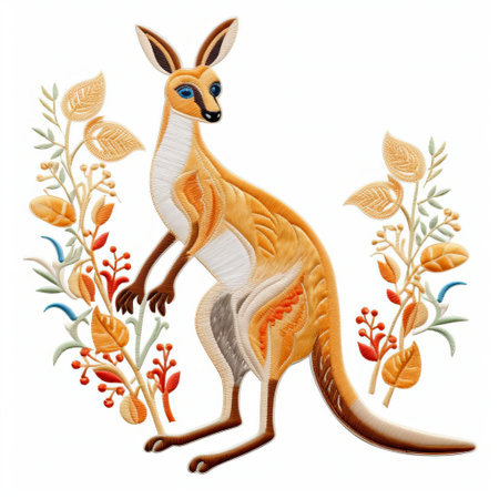 discover a stunning machine embroidery applique design featuring a full-body kangaroo on a pristine white isolated background. ideal for home decor and unique craft projects. ai generatedの素材